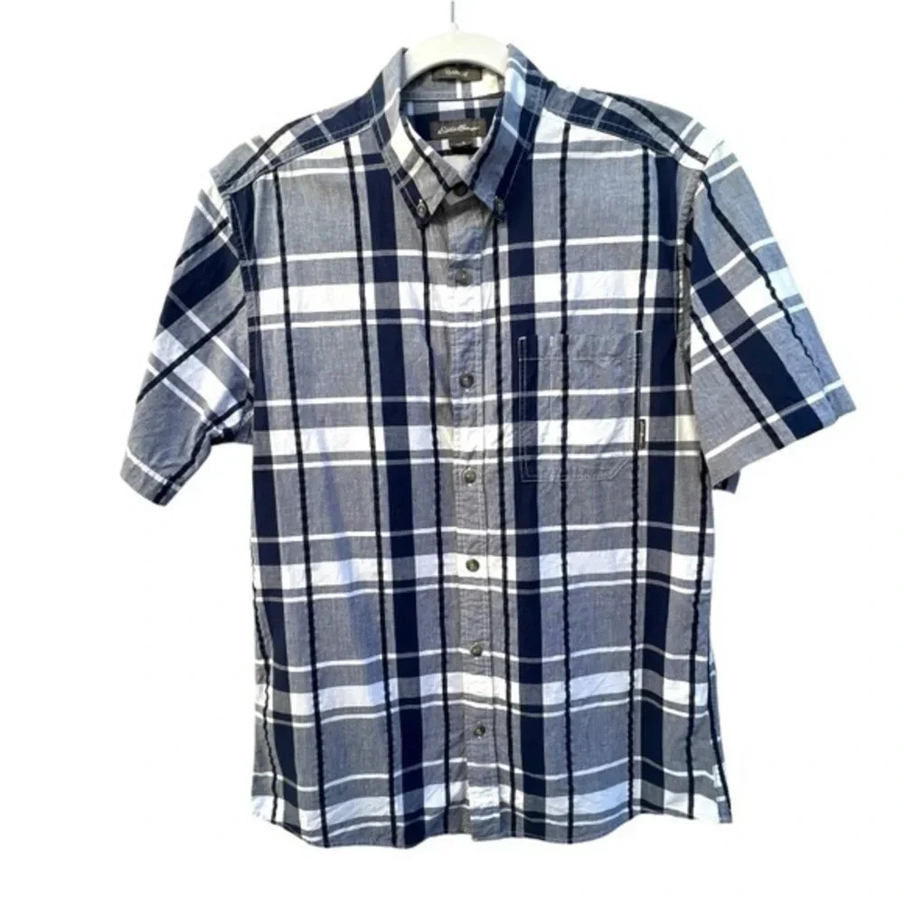 Eddie Bauer Blue and White Plaid Short Sleeve Button Down Men's Shirt Size Small